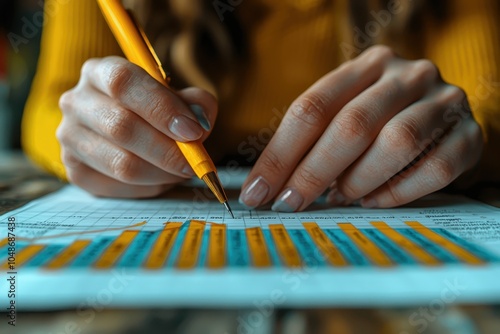 A person is analyzing data on a chart while holding a pencil, focusing on detailed work against a textured surface.