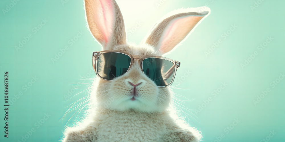 Funny white rabbit wearing sunglasses against blank empty copy space light green background. Happy Easter greeting card invitation concept.