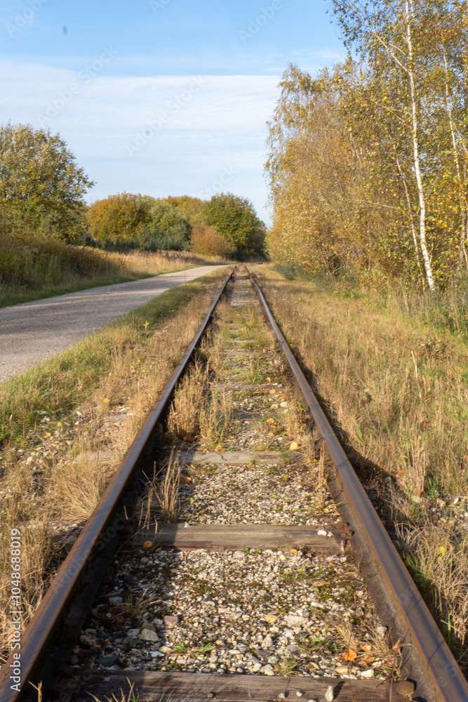 The train tracks are empty and the grass is dry The train tracks are empty and the grass is dry