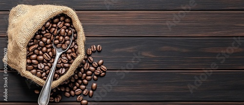 Coffee beans in burlap sack, wooden surface