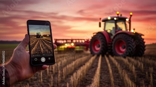 Smart farming technology: hand holding smartphone to control modern tractor in agricultural field for precision farming solutions and sustainable crop management
