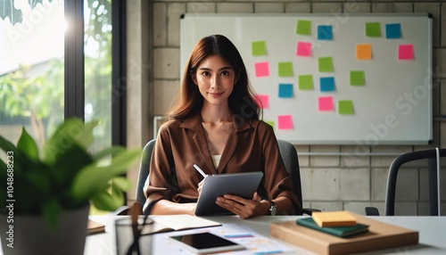 "a confident, professional young woman in a modern office setting. She is dressed in a blazer, smiling, and holding a tablet and pen, suggesting she is engaged in work. The bright lighting, soft focus