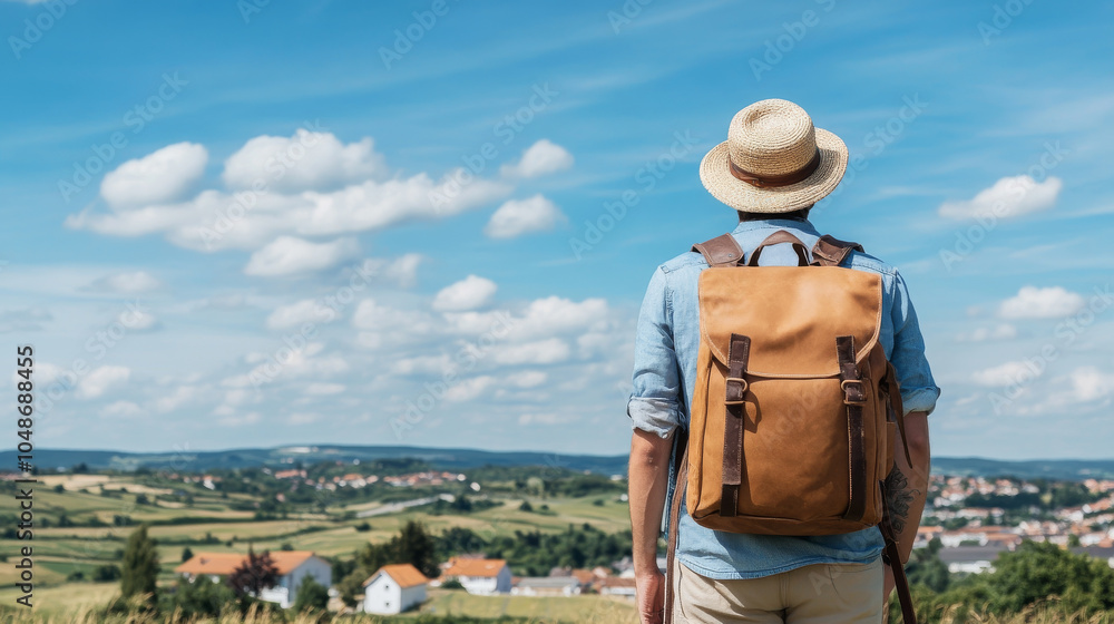 A traveler with brown backpack gazes at picturesque landscape under blue sky filled with fluffy clouds. serene view captures essence of adventure and exploration A traveler with brown backpack gazes at picturesque landscape under blue sky filled with fluffy clouds. serene view captures essence of adventure and exploration