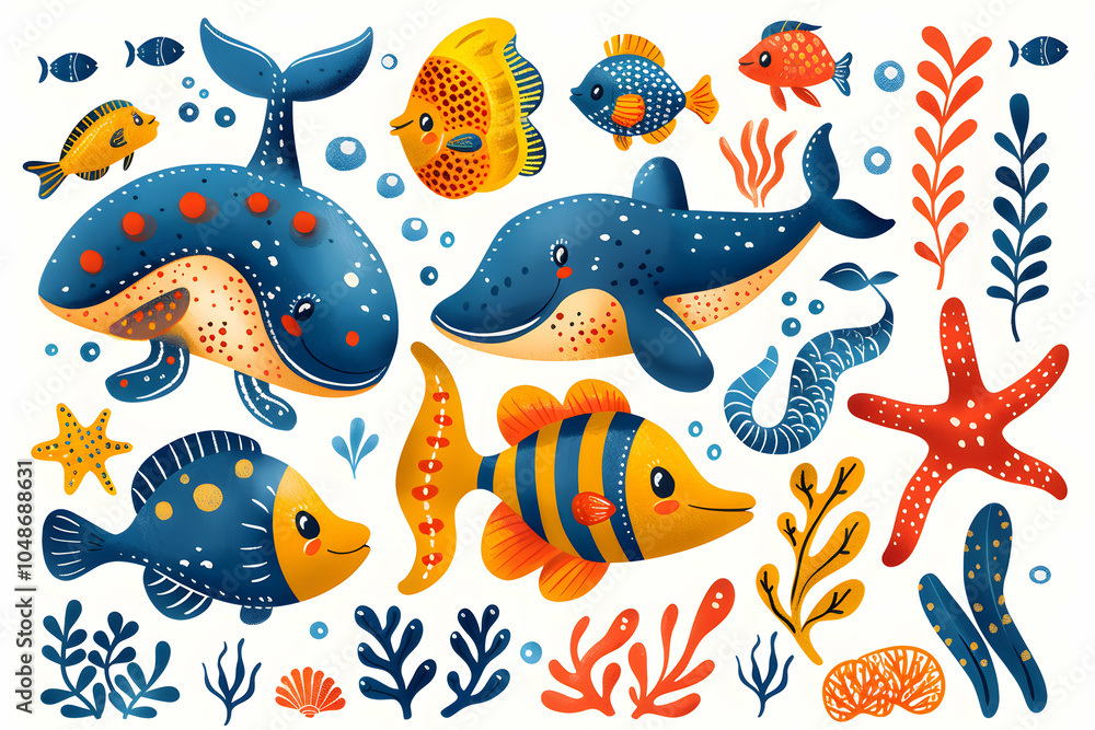 Fototapeta premium A colorful set of cartoon underwater creatures and plants including whales, fish, seaweed, a starfish, and coral.