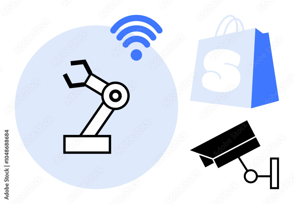 Simplified robotic arm inside blue circle with wireless signal, blue shopping bag with letter S, and surveillance camera. Ideal for technology, automation, retail, e-commerce, security. Flat Simplified robotic arm inside blue circle with wireless signal, blue shopping bag with letter S, and surveillance camera. Ideal for technology, automation, retail, e-commerce, security. Flat