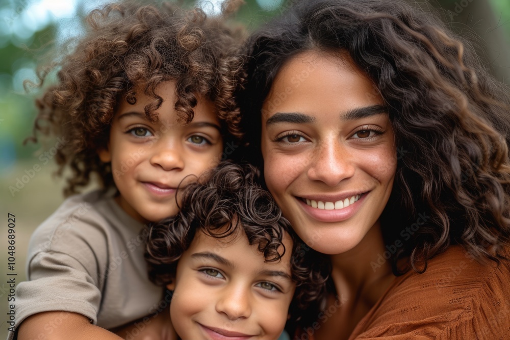 A mother with a vibrant smile lovingly embraces her two children outdoors during a cheerful summer afternoon A mother with a vibrant smile lovingly embraces her two children outdoors during a cheerful summer afternoon