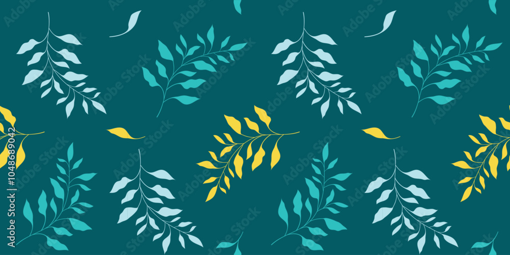 seamless pattern with leaves on green background, vector illustration,abstract design with yellow,green and blue plants elements, template for wallpaper,wrapping paper,textile,fabric,cover design seamless pattern with leaves on green background, vector illustration,abstract design with yellow,green and blue plants elements, template for wallpaper,wrapping paper,textile,fabric,cover design