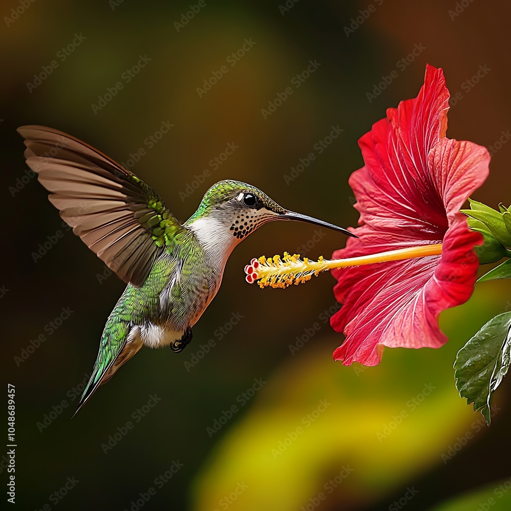 Fototapeta premium Macro photography reveals hummingbird feeding on bright red hibiscus.