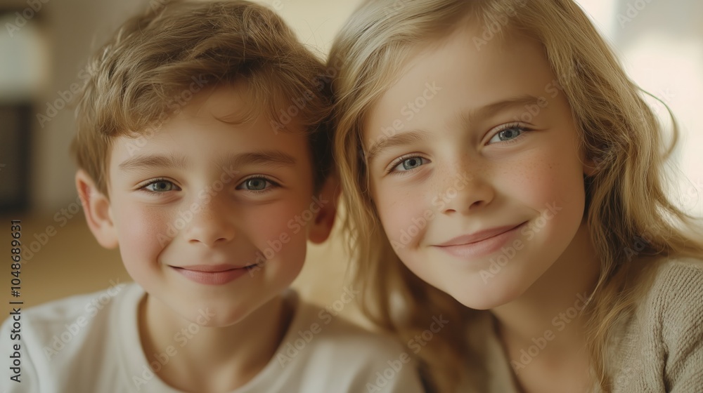 Two children share a joyful smile, capturing the warmth of their friendship and daily life Two children share a joyful smile, capturing the warmth of their friendship and daily life