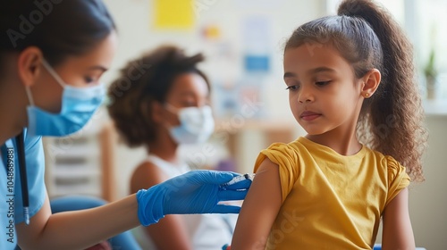 nurse administering a vaccine to a child, with the child photo