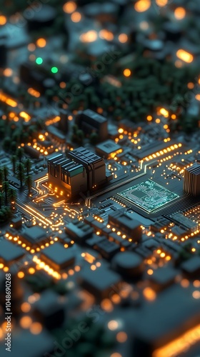 Glowing electrical circuit board integrates tree imagery for innovative design.
