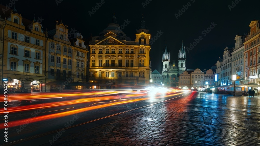 The historic architecture of the old town square stands out against a backdrop of vibrant light trails.
