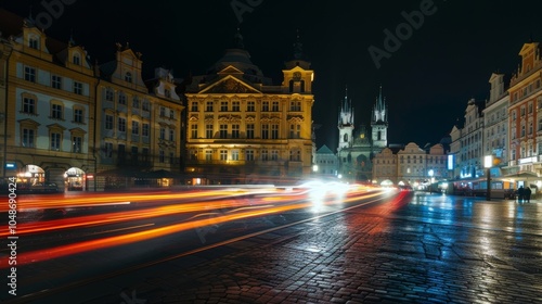 Obraz na płótnie The historic architecture of the old town square stands out against a backdrop of vibrant light trails. w salonie