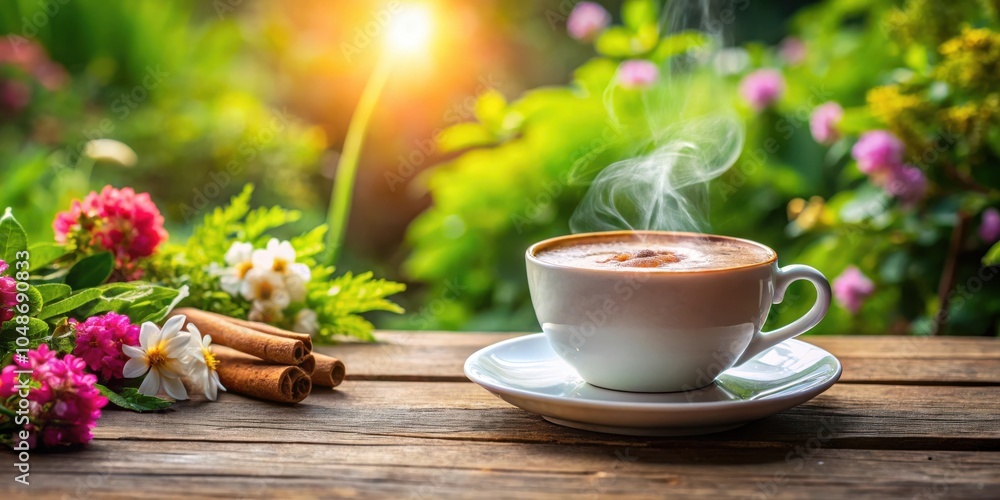 A steaming cup of coffee sits on a wooden table, surrounded by delicate flowers and the soft glow of morning sunlight. A steaming cup of coffee sits on a wooden table, surrounded by delicate flowers and the soft glow of morning sunlight.