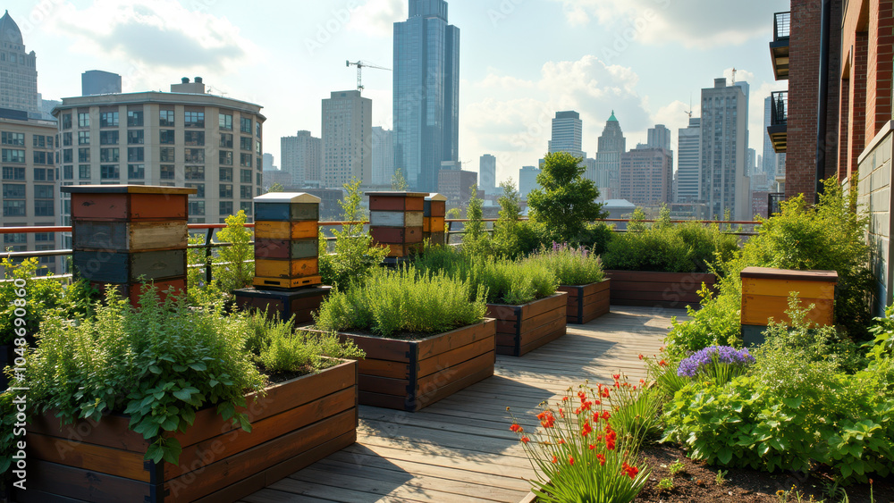 Fototapeta premium A vibrant city rooftop garden with wooden planters, plants, and beehives under a sunny sky.