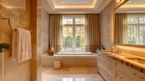 Natural light filters through the warmtoned curtains creating a warm glow in this bathroom oasis. Soft recessed lighting illuminates the double vanity and the soaking tub in the corner. photo