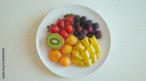 Colorful Fruit Platter: A vibrant and tempting assortment of fresh fruits, including strawberries, blackberries, kiwi, mandarin oranges, and mango, arranged on a white plate.