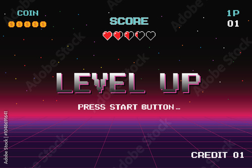 LEVEL UP. pixel art .8 bit game. retro game. for game assets .Retro Futurism Sci-Fi Background. glowing neon grid. and stars from vintage arcade computer games