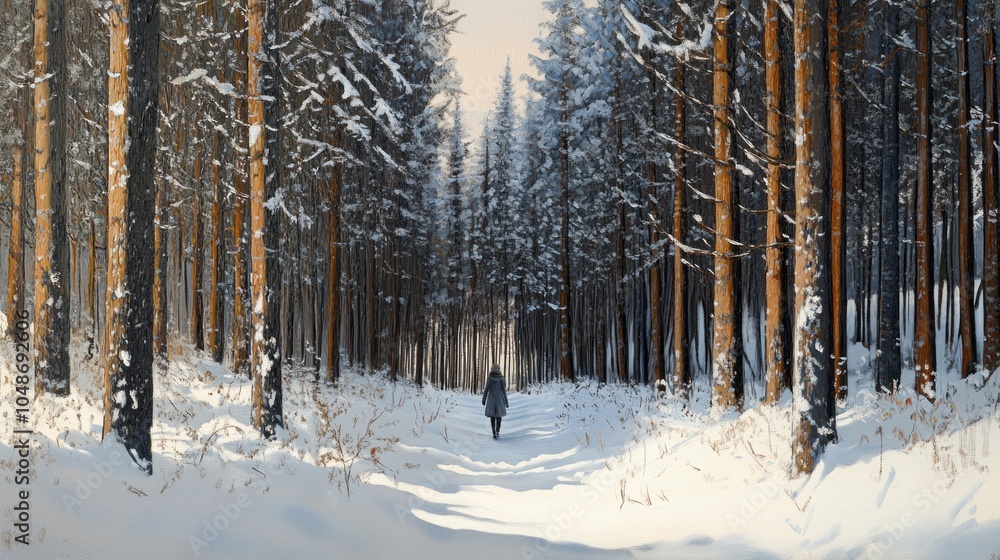 Fototapeta premium A person is walking through a snowy forest