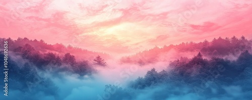 A stunning landscape featuring a colorful sunset over a misty forest, blending shades of pink and blue. The scene evokes tranquility and natural beauty. photo