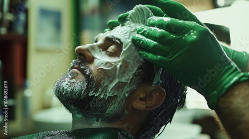 A man with a beard having his hair and face shaved with a razor in a barber shop. photo