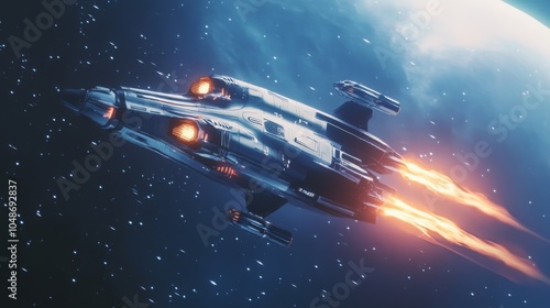 Wallpaper Mural A futuristic spaceship soars through space, leaving a trail of orange flames behind it, with a planet in the distance. Torontodigital.ca