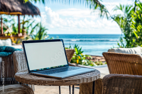 Ecran blanc d'ordinateur portable sur une terrasse de restaurant devant la mer photo