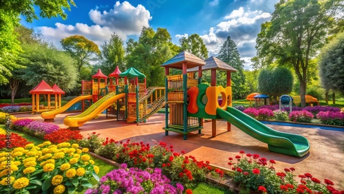 Vibrant Playground in Park Courtyard - Ideal for Family Fun and Outdoor Activities