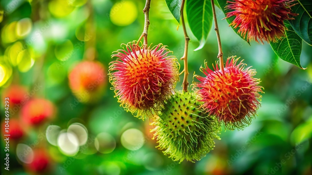 Vibrant Rambutan Fruit on Tree Branch in Lush Garden Setting for Macro Photography Vibrant Rambutan Fruit on Tree Branch in Lush Garden Setting for Macro Photography