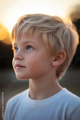 A beautifully lit portrait of a young boy with blonde hair, looking thoughtfully into the distance with a warm background.