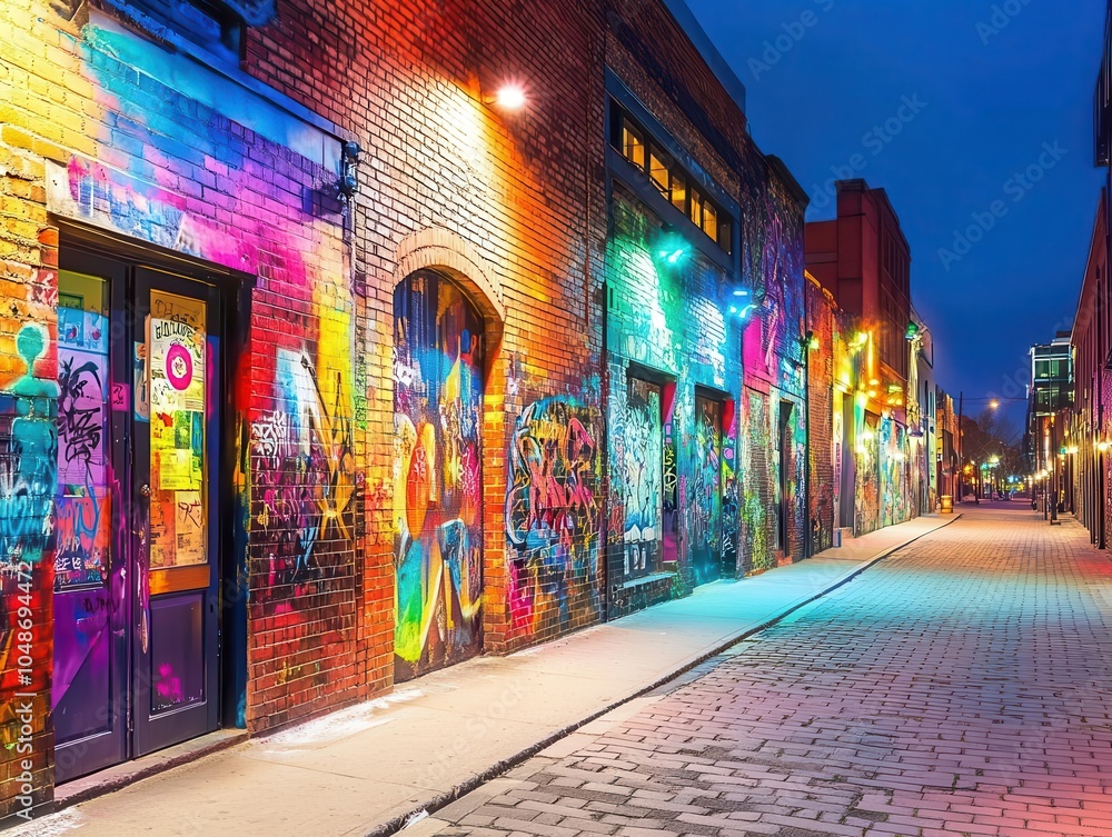 Fototapeta premium vibrant street scene at night featuring colorful graffiti art on brick walls, reflecting urban culture and creativity under the glow of streetlights