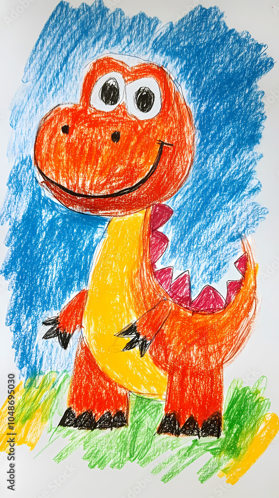 Naklejka premium A simple, fun drawing of a dinosaur for kids, with a rounded body, big eyes, short legs, and a friendly smile. 
