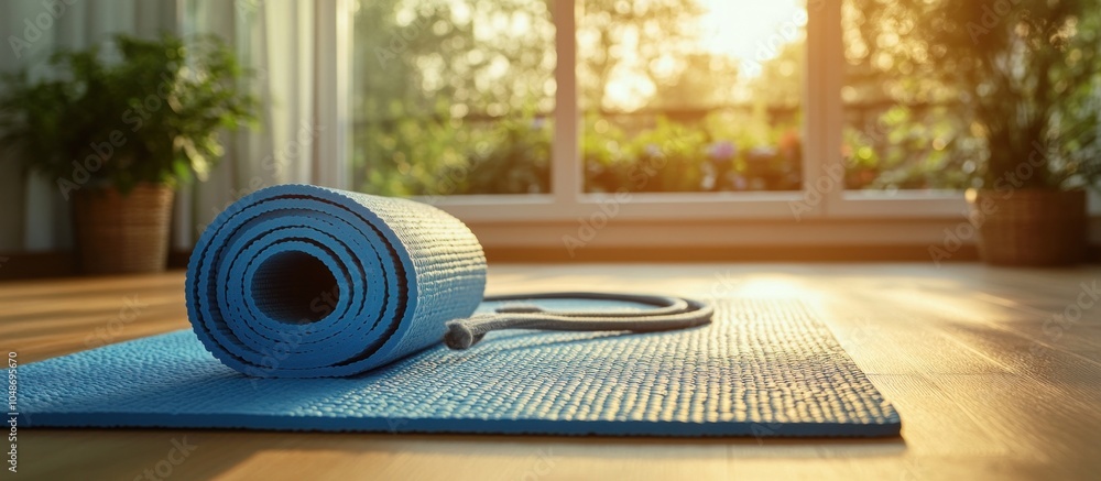 Rolled up yoga mat on wooden floor with a window and sunlight in the background. Rolled up yoga mat on wooden floor with a window and sunlight in the background.