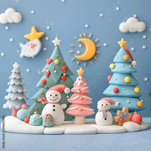 Christmas theme of Pastel Colorful 3D Clay Cute Cartoon Christmas Card, whimsical design featuring playful characters and festive elements for holiday cheer