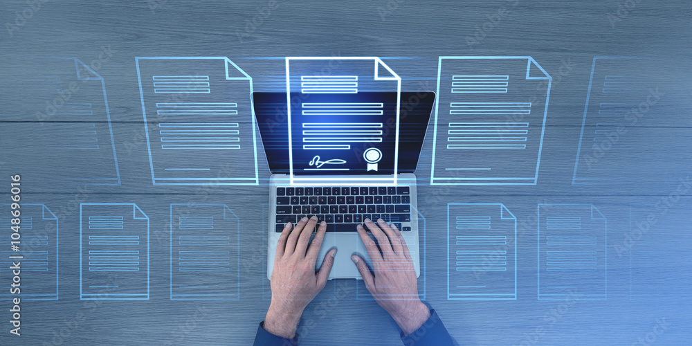 Man typing on laptop, glowing electronic document files and digital ...