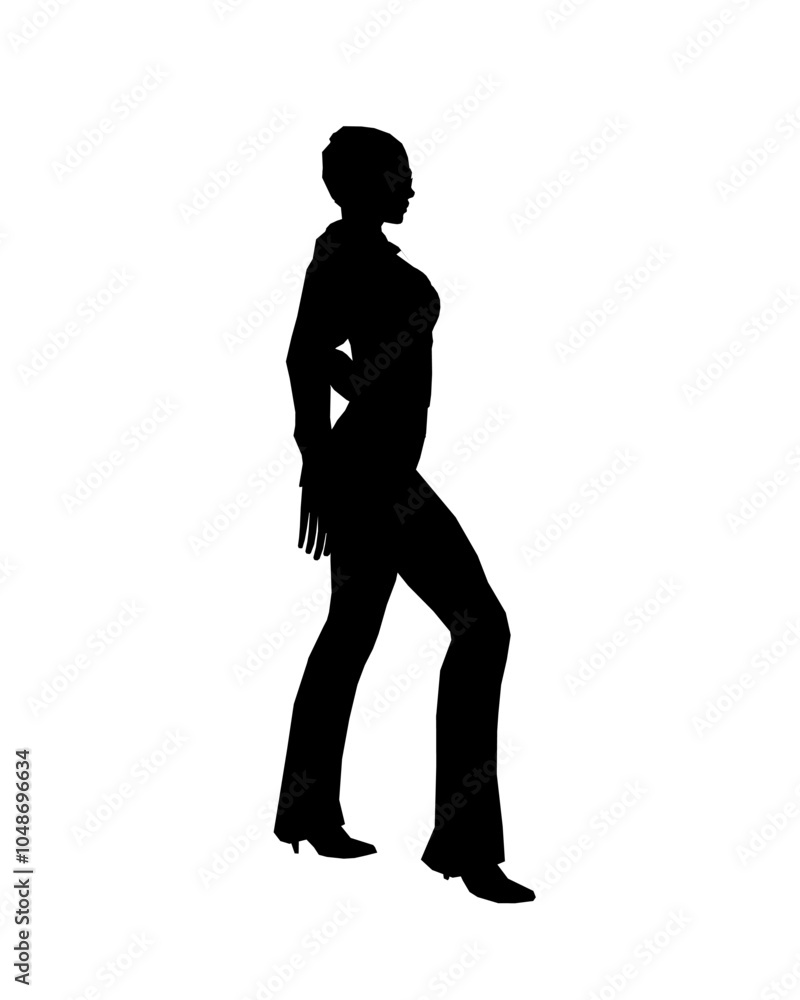 Silhouette of a girl in trousers, shirt and glasses. The girl stands with one leg forward and one hand on her hip. Vector illustration. Silhouette of a girl in trousers, shirt and glasses. The girl stands with one leg forward and one hand on her hip. Vector illustration.