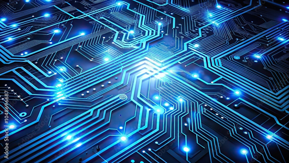 Digital circuit board wallpaper with glowing blue lines and intricate electronics, lighting effects, electronics, motherboard, computer hardware Digital circuit board wallpaper with glowing blue lines and intricate electronics, lighting effects, electronics, motherboard, computer hardware