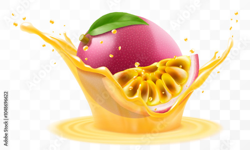 Exotic, tropical passion fruit falls in splash of juice or smoothie, splash of vitamin cocktail with drops, juice splash with ripe purple passion fruit. Realistic 3d vector illustration