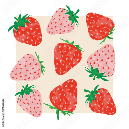Strawberries colorful wallpaper print background. Fruit illustration isolated on background. Greeting card background with strawberries for your design