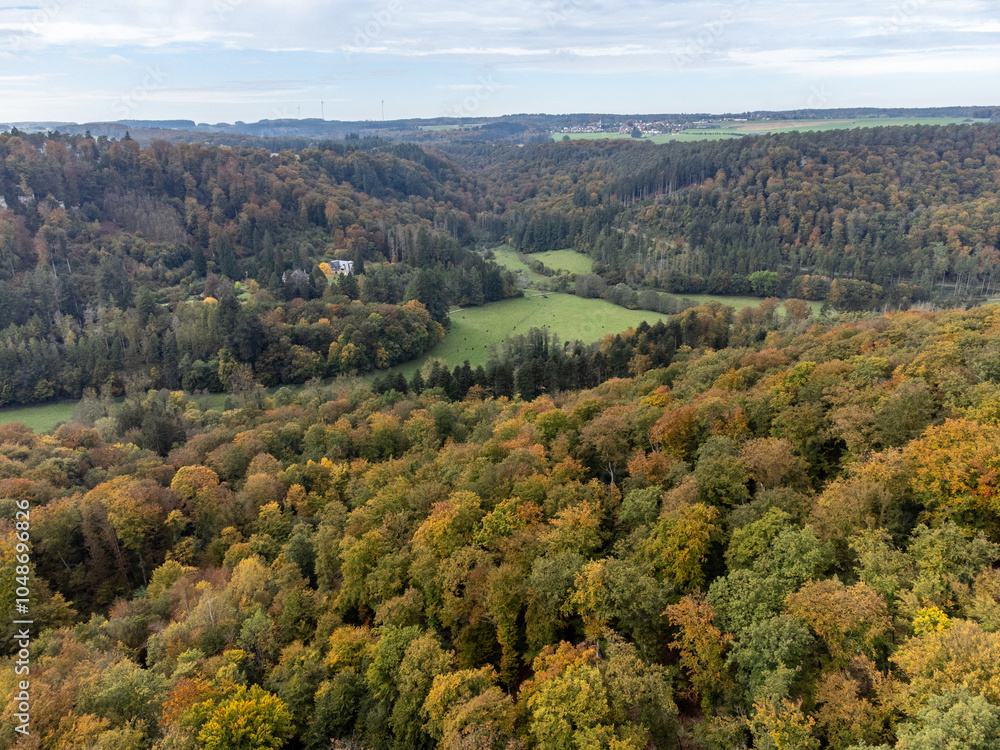 Aerial view on Mullerthal, Luxembourg's Little Switzerland, hiking routes, rock formations, moss-covered forests, tourist destination in Europe Aerial view on Mullerthal, Luxembourg's Little Switzerland, hiking routes, rock formations, moss-covered forests, tourist destination in Europe