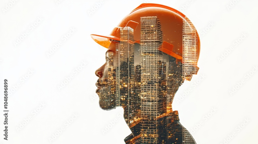 A silhouette of a worker in an orange hard hat, blended with a cityscape, symbolizes the connection between industry and urban development. A silhouette of a worker in an orange hard hat, blended with a cityscape, symbolizes the connection between industry and urban development.