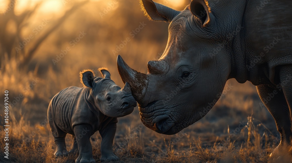 Fototapeta premium Mother and baby rhino getting ready to drink