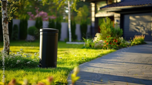 Black Cylinder Light Fixture in a Lush Green Garden