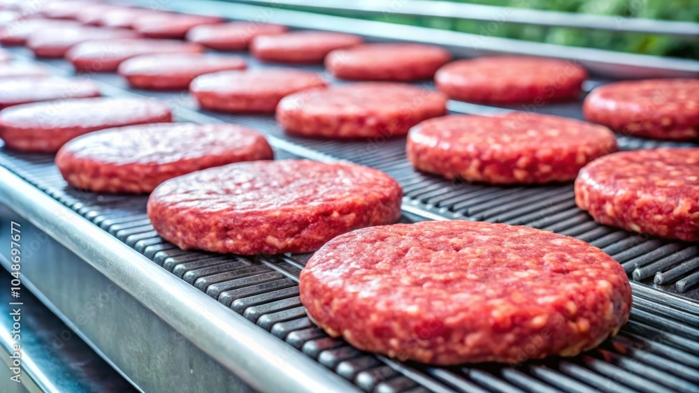Raw Beef Patties on Conveyor Belt for Packaging in High Depth of Field, Fresh Meat Production Line, Food Processing Industry, Conveyor System, Quality Control, Packaging Process Raw Beef Patties on Conveyor Belt for Packaging in High Depth of Field, Fresh Meat Production Line, Food Processing Industry, Conveyor System, Quality Control, Packaging Process