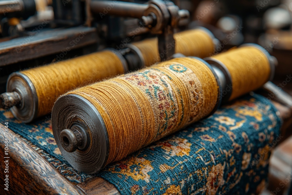 Close-up of a loom with spools of yarn and a partially woven carpet Close-up of a loom with spools of yarn and a partially woven carpet