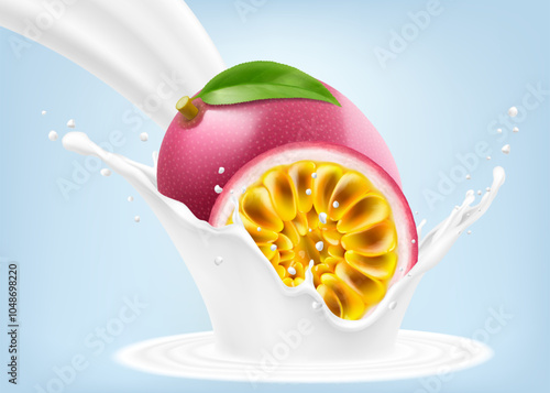 Exotic, tropical passion fruit in splash of yogurt or milk, cocktail splash with drops, Milkshake splash with ripe purple passion fruit. Realistic 3d vector illustration