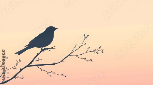 Silhouette of a bird perched on a branch against a sunset sky.