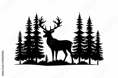 Silhouette of a deer with pine trees and forest scenery on white background, Deer silhouette, vector illustration	