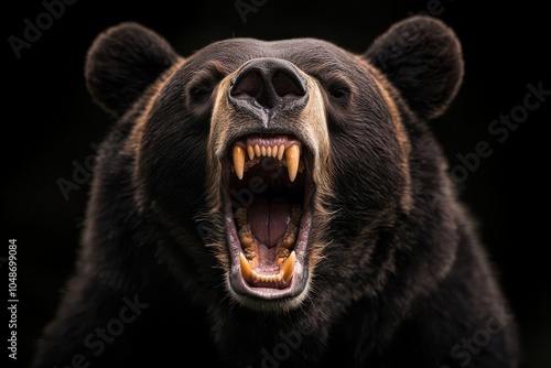 Bear s face close-up, growling with wide-open jaws, intense focus on sharp teeth and fiery rage in its eyes photo