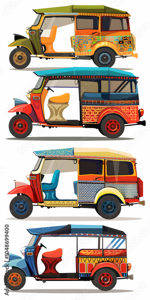 Four colorful tuk-tuks with different designs and colors, isolated on a white background. Four colorful tuk-tuks with different designs and colors, isolated on a white background.